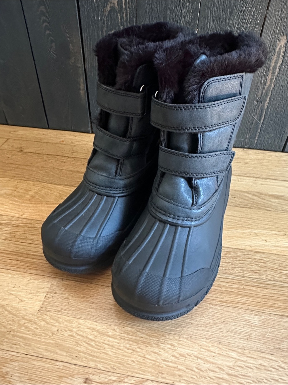 Amazon Kids Black Waterproof Snow Boots with Faux Fur Collar